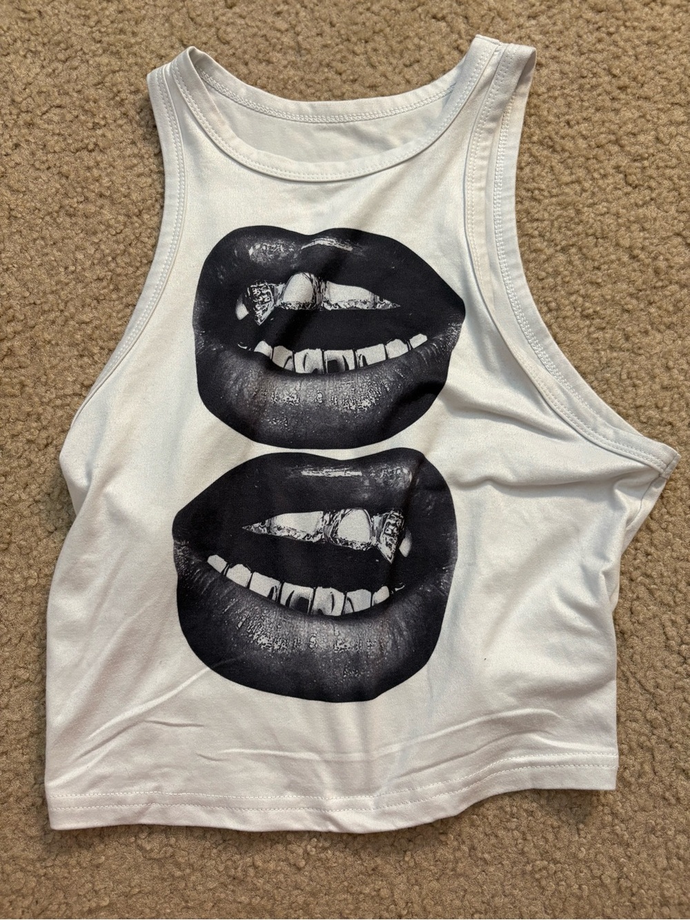 White Graphic Crop Tank Top with Black Lip Print